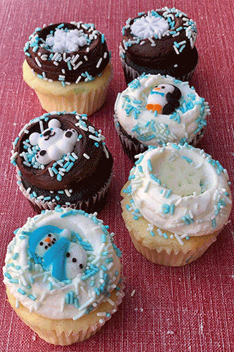 A collection of images featuring holiday cupcakes adorned with festive sugar decorations and garnishes. 