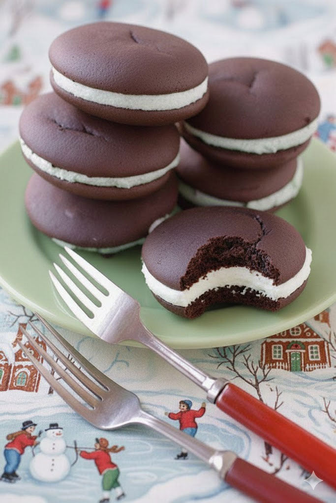 Chocolate whoopie pies with white filling on a green plate with a Christmas-themed tablecloth.