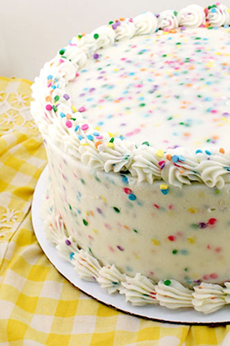 A round yellow butter cake with multicolored sprinkles throughout and a buttercream frosting border, on a yellow checkered background.