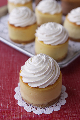 A small cheesecake with passion fruit puree and a graham cracker crust, topped with fresh whipped cream, on a red surface with more cheesecakes in the background.