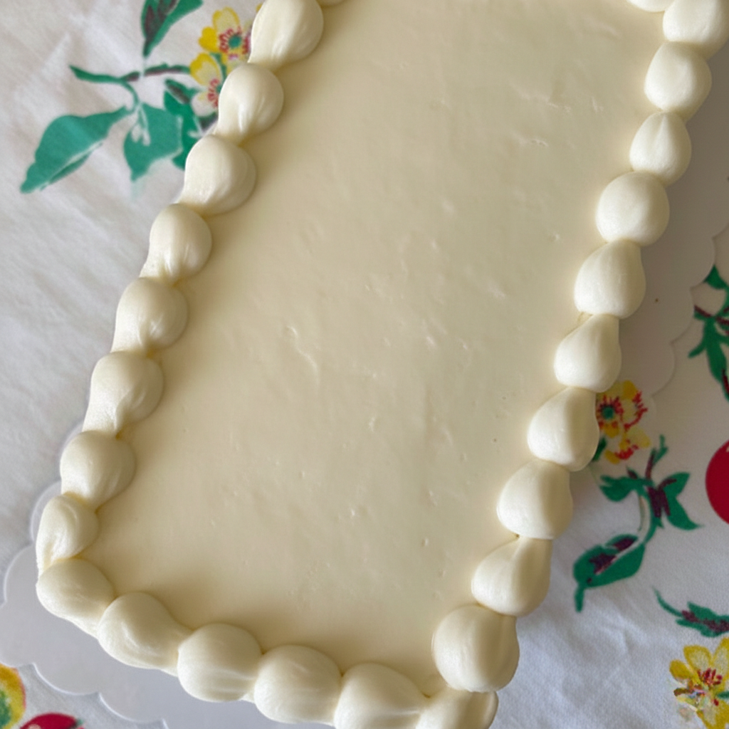 White fondant cake with decorative border on a floral tablecloth
